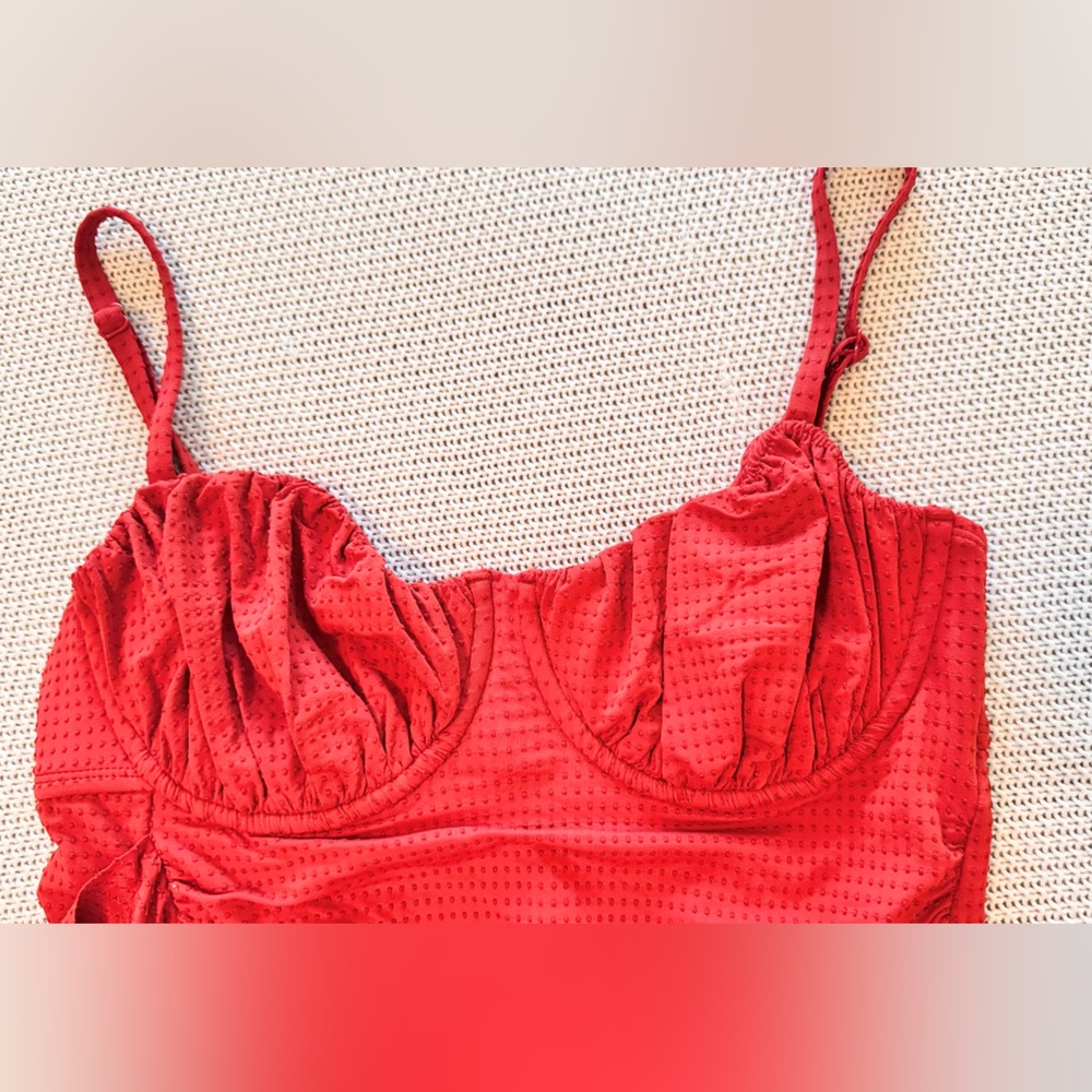 RHODE Ruched Tummy Embossed Dot Ruffle Red One Piece Swimsuit - Picture 8 of 13